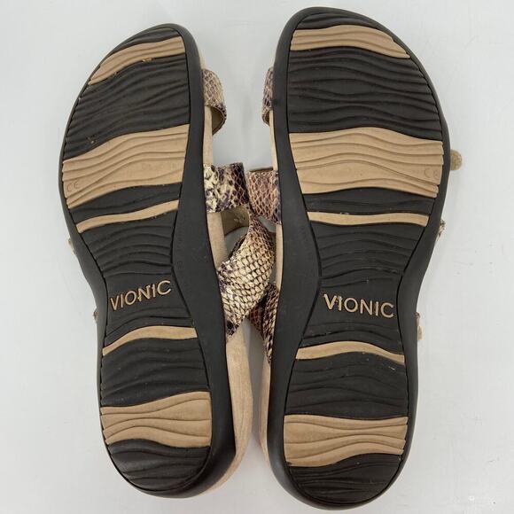 Vionic Aubrey Sandals Size 9 Brown Snake Reptile Orthaheel Triple Strap - Picture 8 of 10